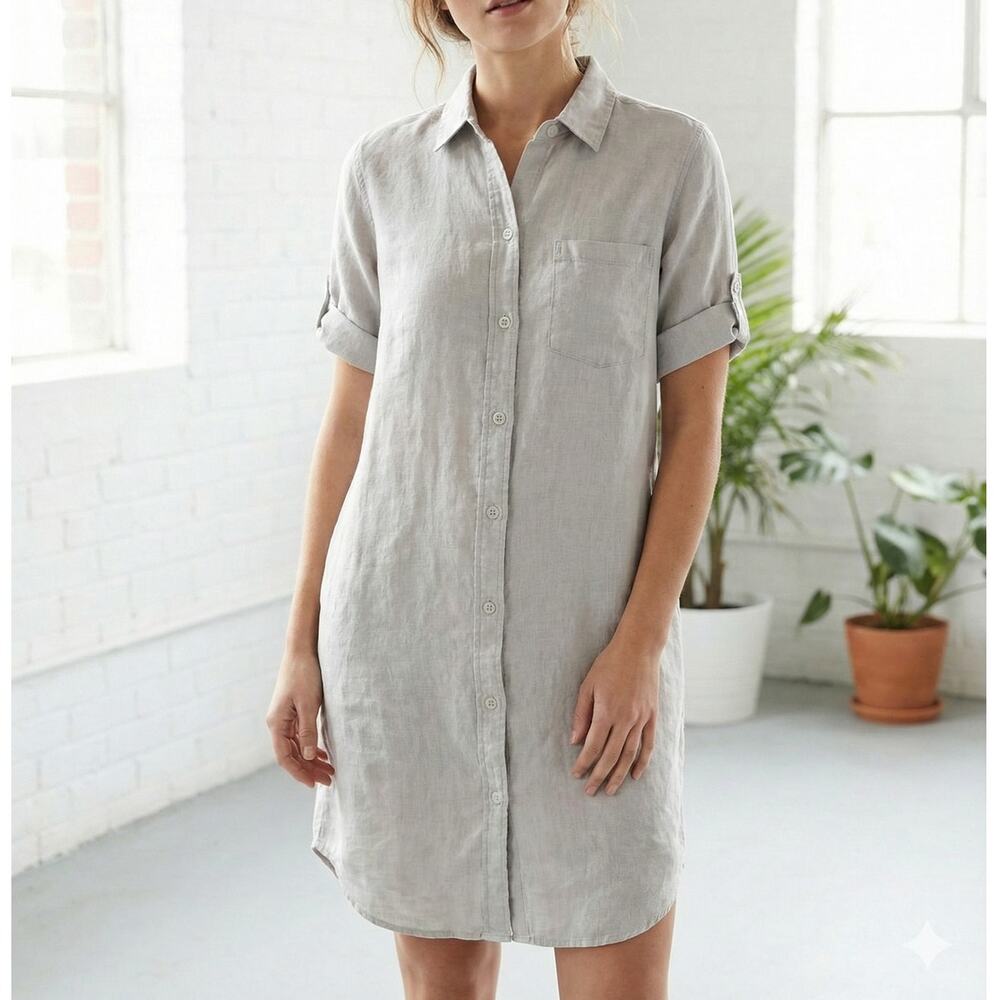 T Tahari Light Gray Linen Shirt Dress